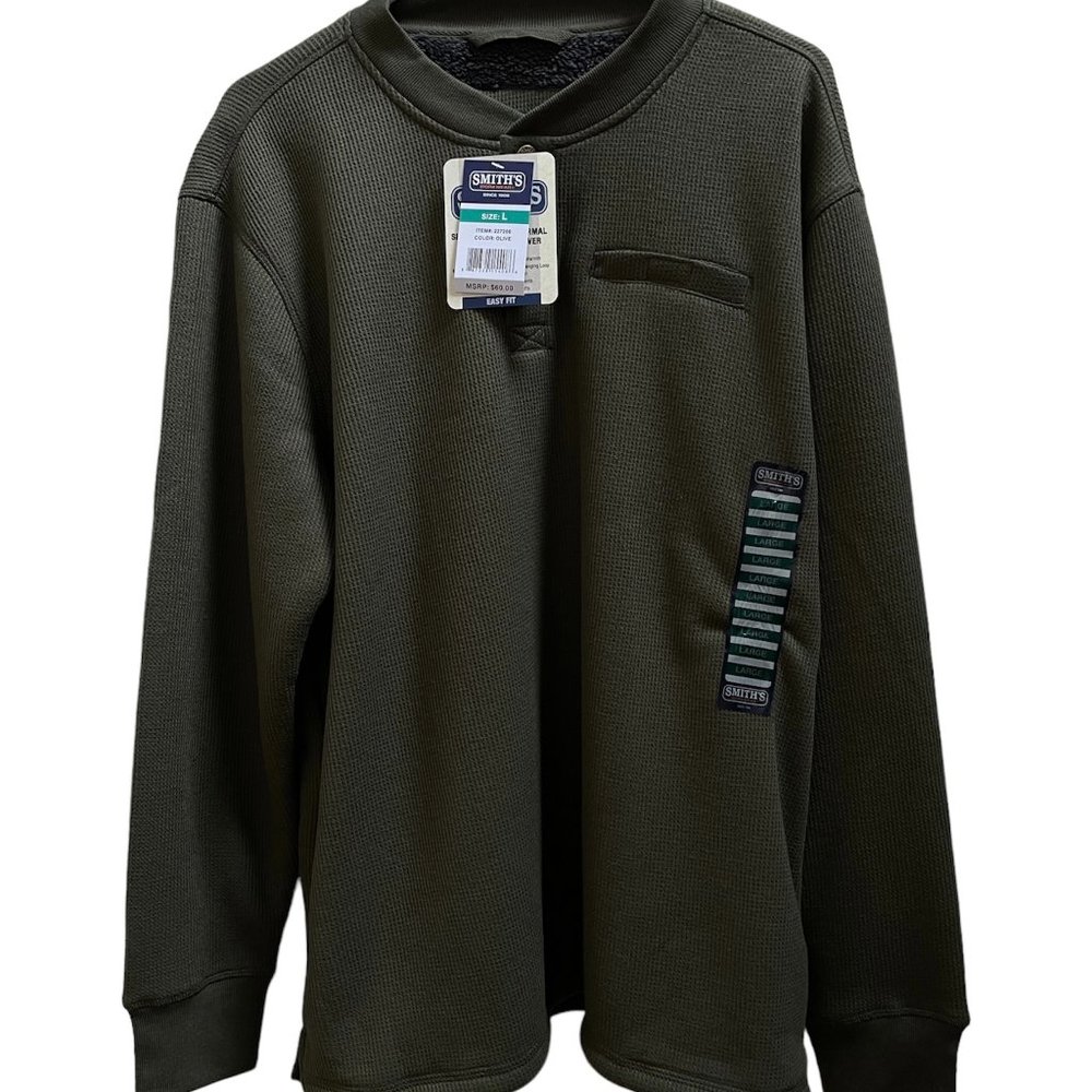Smith's Workwear Sherpa Bonded Soft Thermal Knit Henley Pullover Olive Large New